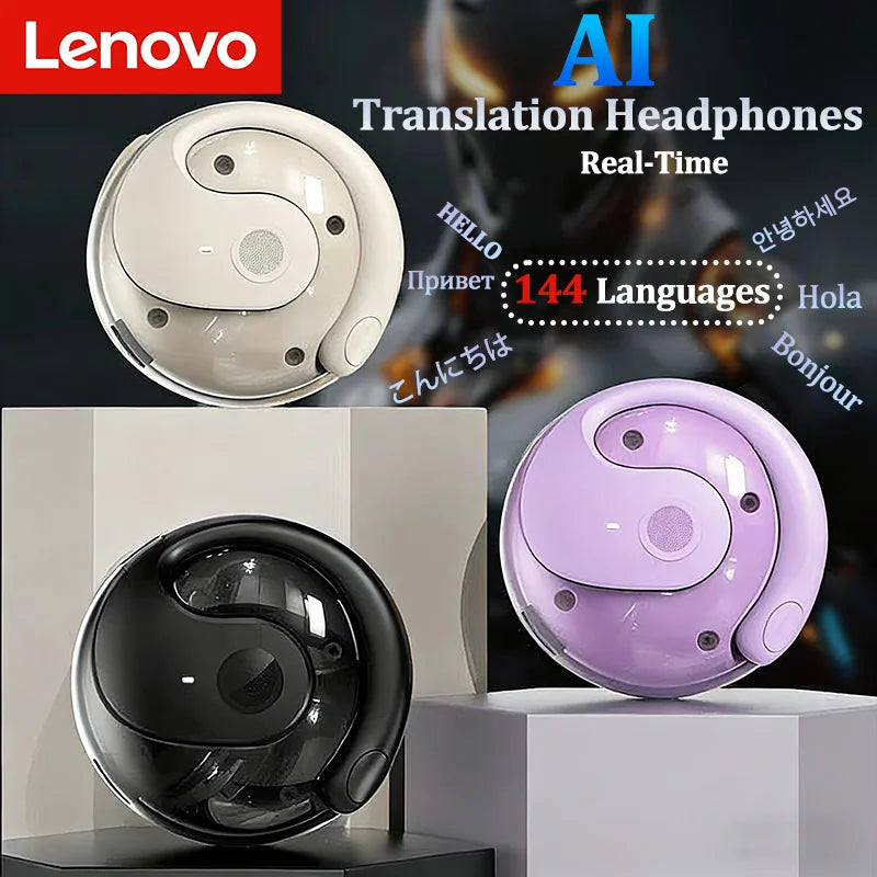 Lenovo Wireless Bluetooth AI Real-time Language Translation Earphones 144 Languages Ear Hanging Headphone Translator For Busine