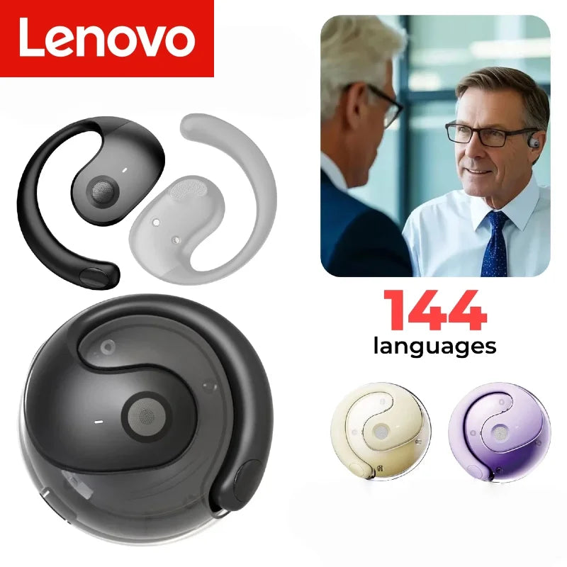 Lenovo Wireless Bluetooth AI Real-time Language Translation Earphones 144 Languages Ear Hanging Headphone Translator For Busine